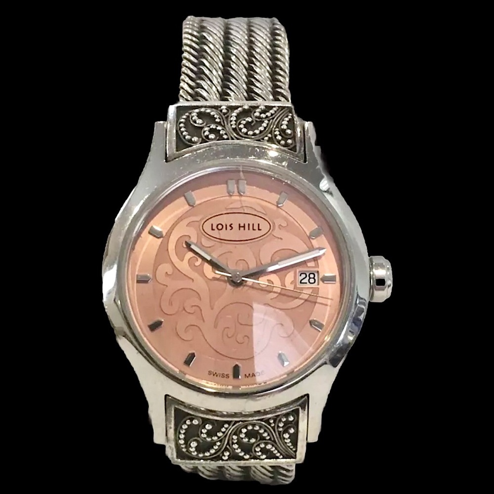 LOIS HILL Round Face Watch Sterling Silver Band Pink Face